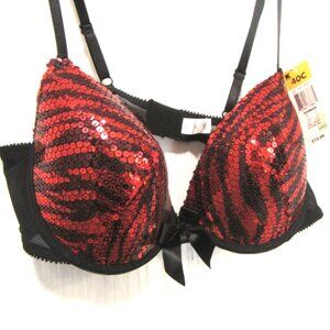 Red and Black Zebra Animal Print Sequin Underwire Bra 40C NWT